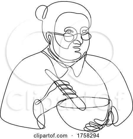 Granny Cook Mixing with Mortar and Pestle Continuous Line Drawing by patrimonio