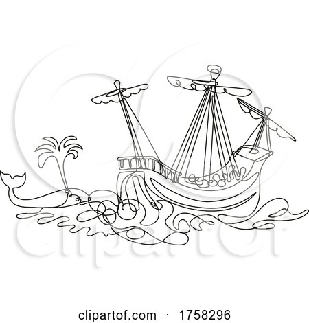 Galleon or Tall Ship Sailing with Whale Continuous Line Drawing by patrimonio