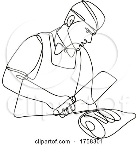 Butcher with Meat Cleaver Cutting Leg of Ham Continuous Line Drawing by patrimonio