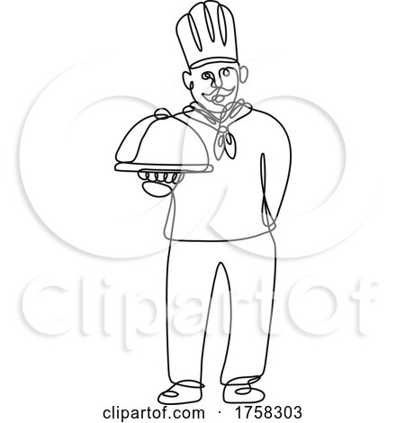 Chef Cook or Baker Holding a Platter Front View Continuous Line Drawing by patrimonio