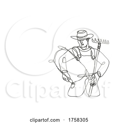 Organic Farmer with Rake and Carrying Sack Continuous Line Drawing by patrimonio