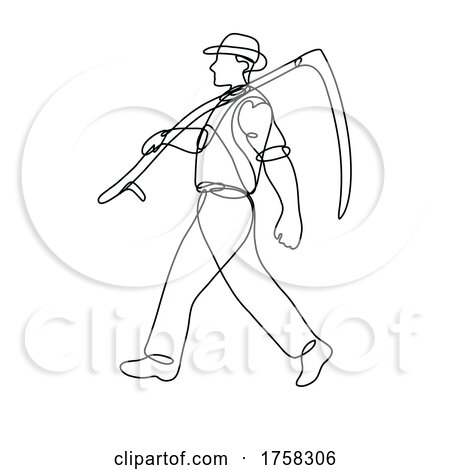 Organic Wheat Farmer with Scythe Walking Side View Continuous Line Drawing by patrimonio