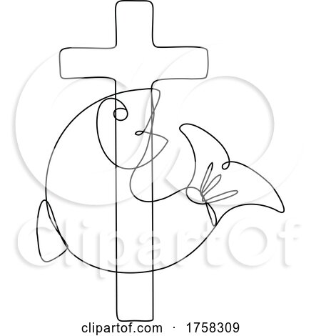 Fish and Cross Symbol of Christianity Continuous Line Drawing by patrimonio