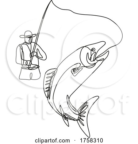 Fly Fisherman Catching Jumping Lake Trout Continuous Line Drawing by patrimonio