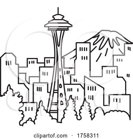 Seattle City Downtown Skyline with Space Needle and Mount Rainier Washington State USA Mono Line Art Poster by patrimonio