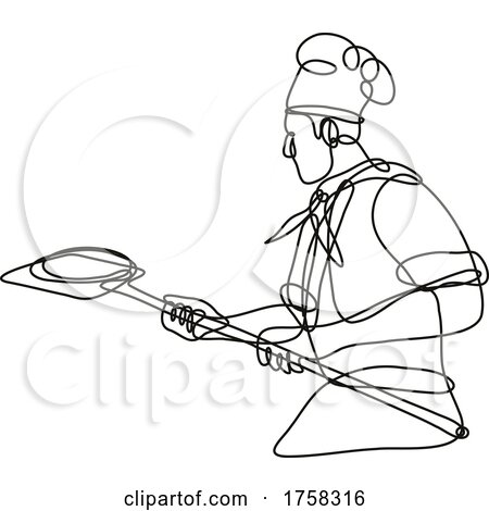 Pizza Baker Chef or Cook Holding Peel Continuous Line Drawing by patrimonio