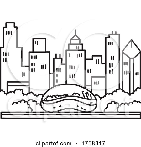 Chicago Downtown Skyline with the Bean or Cloud Gate Sculpture on Park Grill Lake Michigan Illinois USA Mono Line Art Poster by patrimonio