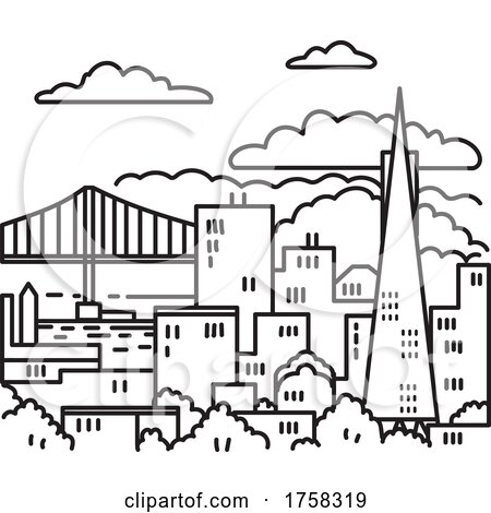 San Francisco Downtown Skyline with Golden Gate Bridge in the Bay Area California USA Mono Line Art Poster by patrimonio