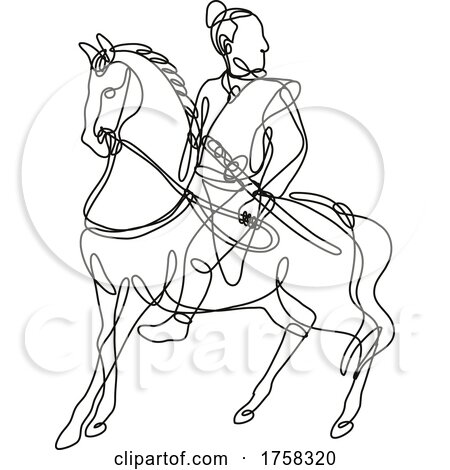 Japanese Samurai Warrior Riding Horse Side View Continuous Line Drawing by patrimonio