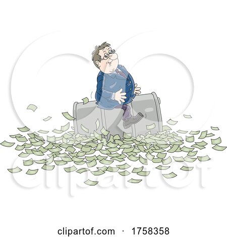 Cartoon White Business Man Sitting a Barrel over Cash Money by Alex Bannykh