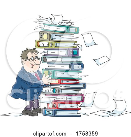 Cartoon White Business Man with a Stack of Binders and Documents by Alex Bannykh