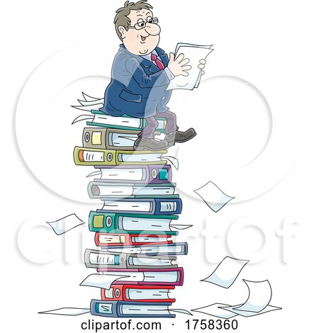 Cartoon White Business Man on a Stack of Binders and Documents by Alex Bannykh