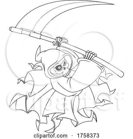 Black and White Cartoon Grim Reaper Swinging a Scythe by Hit Toon