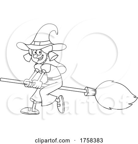 Black and White Cartoon Witch Flying on a Broomstick by Hit Toon
