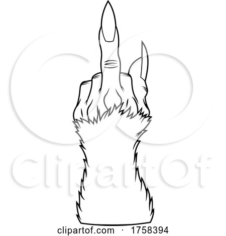 Black and White Cartoon Werewolf Paw or Hand Giving the Middle Finger by Hit Toon