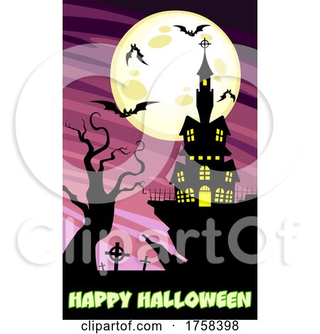 Cartoon Haunted House and Happy Halloween Text by Hit Toon