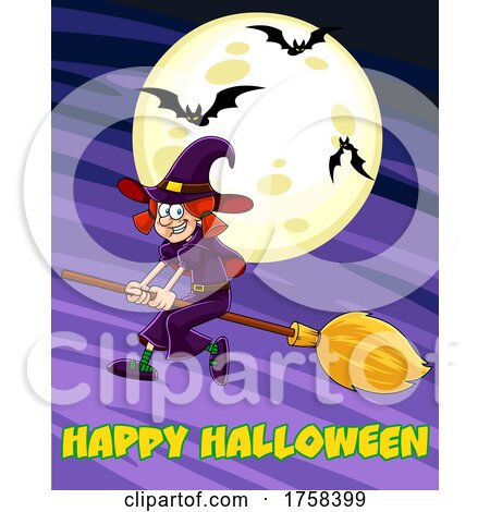 Cartoon Witch Flying on a Broomstick over Happy Halloween Text by Hit Toon