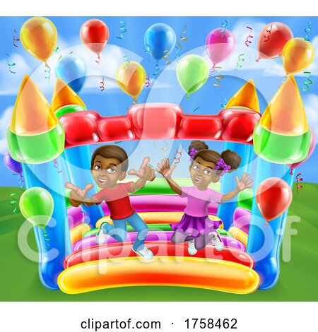 Bouncy House Castle Jumping Girl Boy Kids Cartoon by AtStockIllustration