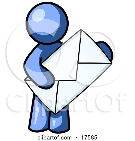 Clipart Illustration of a Blue Person Standing And Holding A Large Envelope, Symbolizing Communications And Email by Leo Blanchette