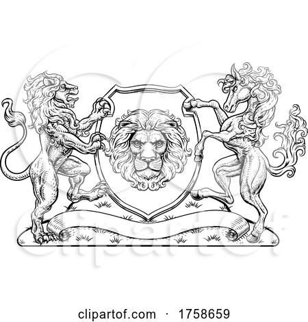 Coat of Arms Horse Lions Crest Shield Family Seal by AtStockIllustration