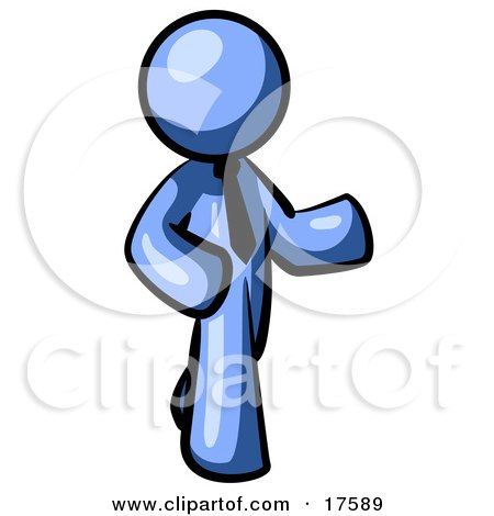 Clipart Illustration of a Blue Businessman Wearing A Tie, Walking With His Arms Bent by Leo Blanchette