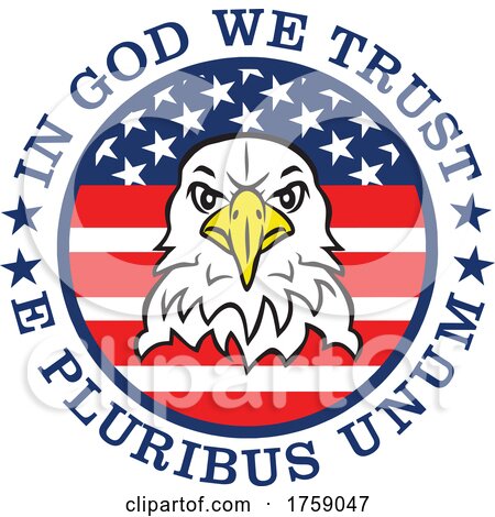 American Bald Eagle Mascot Head in an American Flag Circle with in God We Trust E Pluribus Unum Text by Johnny Sajem