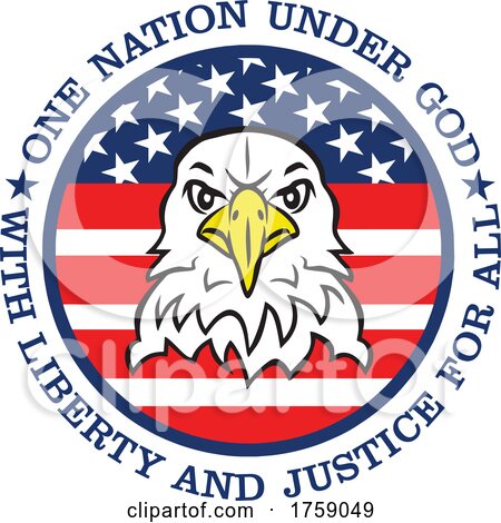 American Bald Eagle Mascot Head in an American Flag Circle with One Nation Under God with Liberty and Justice for All Text by Johnny Sajem