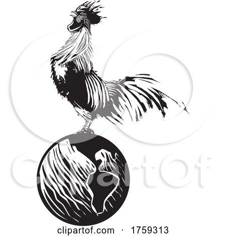 Woodcut Rooster Crowing on the Globe by xunantunich