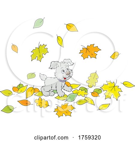 Puppy Dog Playing in Autumn Leaves by Alex Bannykh