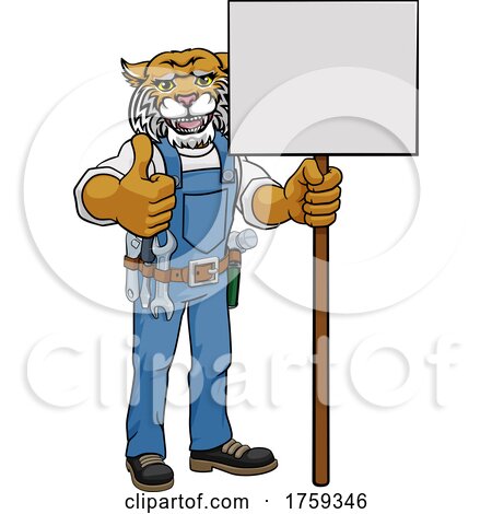 Wildcat Cartoon Mascot Handyman Holding Sign by AtStockIllustration
