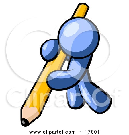 Clipart Illustration of a Blue Man Using All Of His Strength To Hold Up And Write With A Giant Yellow Number Two Pencil by Leo Blanchette