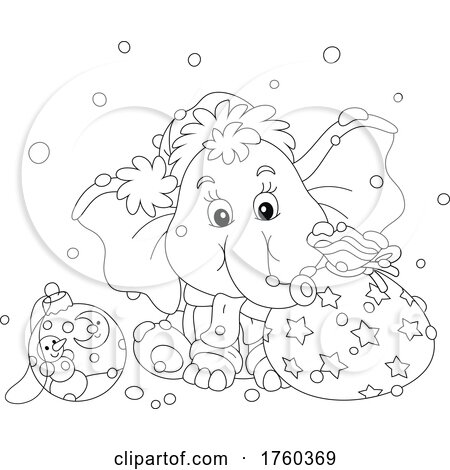 Black and White Cute Christmas Elephant with Gifts by Alex Bannykh