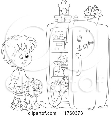 Black and White Puppy and Boy Looking in a Refrigerator by Alex Bannykh