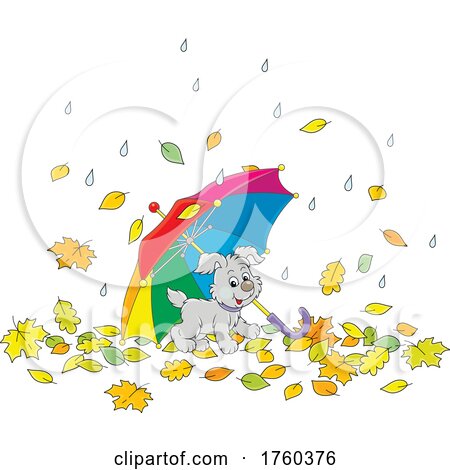 Puppy Dog with an Umbrella and Fall Leaves by Alex Bannykh
