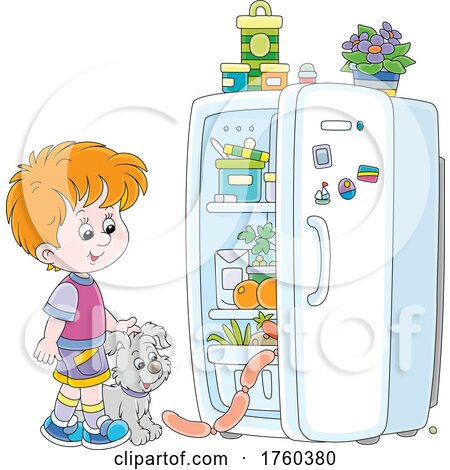 Puppy and Boy Looking in a Refrigerator by Alex Bannykh