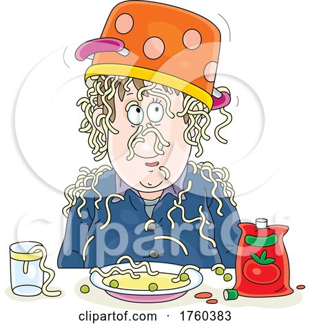 Cartoon Man with Noodles and a Pot on His Head by Alex Bannykh