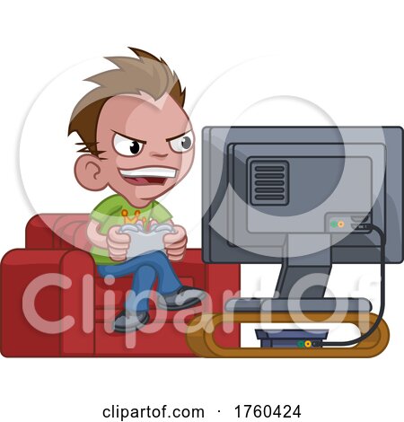 Kid Boy Gamer Playing Video Games Console Cartoon by AtStockIllustration