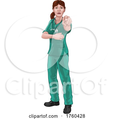 Doctor or Nurse Woman in Scrubs Uniform Pointing by AtStockIllustration