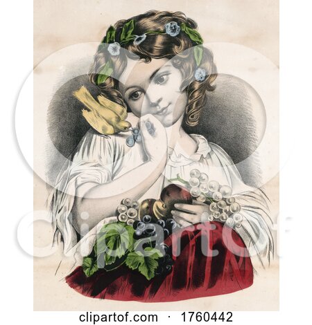 Portrait of a Girl with Flowers Grapes and a Pet Bird on Her Shoulder by JVPD