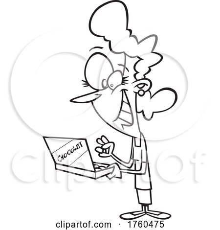 Black and White Cartoon Excited Chocolate Lover Woman Holding a Box by toonaday
