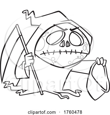 Black and White Cartoon Grim Reaper Holding a Bag by toonaday