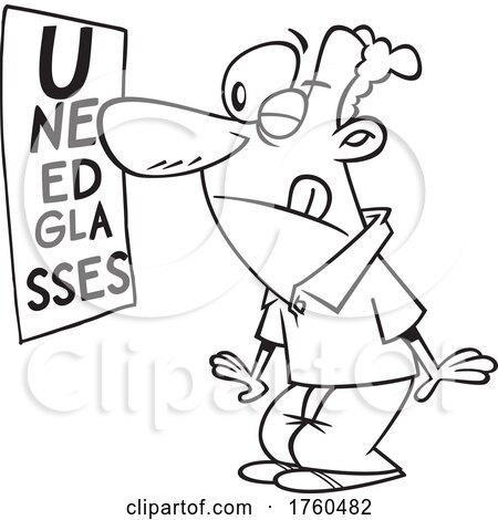 Black and White Cartoon Man Squinting to Read an Eye Chart by toonaday