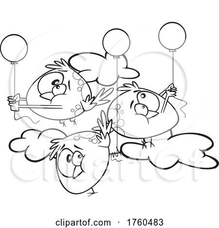 Black and White Cartoon Flock of Fat Birds with Balloons by toonaday
