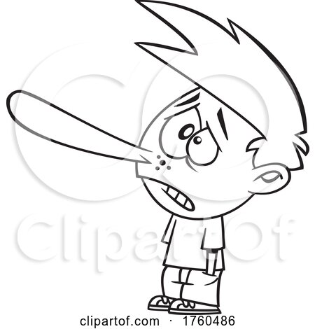 Black and White Cartoon Boy Liar with a Long Nose by toonaday