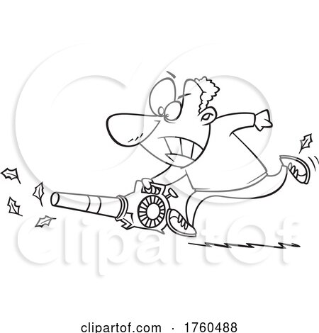 Black and White Cartoon Man Using a Powerful Leaf Blower by toonaday