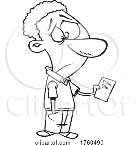 Black and White Cartoon Sad Man Holding a Pink Slip by toonaday
