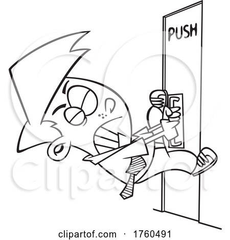 Black and White Cartoon Man Pulling on a Door That Says Push by toonaday