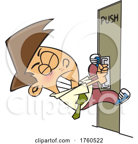 Cartoon Man Pulling on a Door That Says Push by toonaday