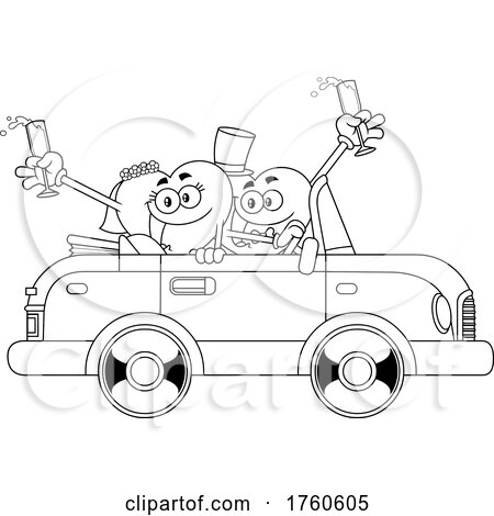 Cartoon Black and White Heart Wedding Couple with Champagne in a Car by Hit Toon