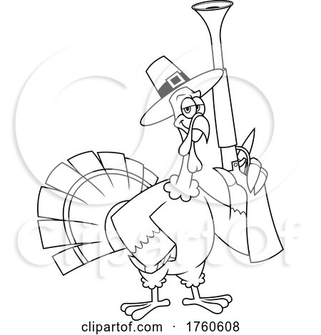 Cartoon Black and White Turkey Bird Pilgrim Holding a Blunderbuss by Hit Toon